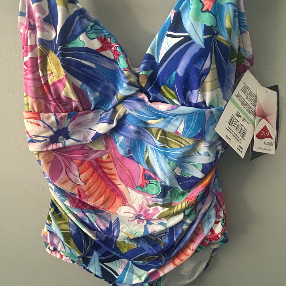 Maxine of Hollywood Blue and Pink One Piece Swimsuit with Ruched Detail